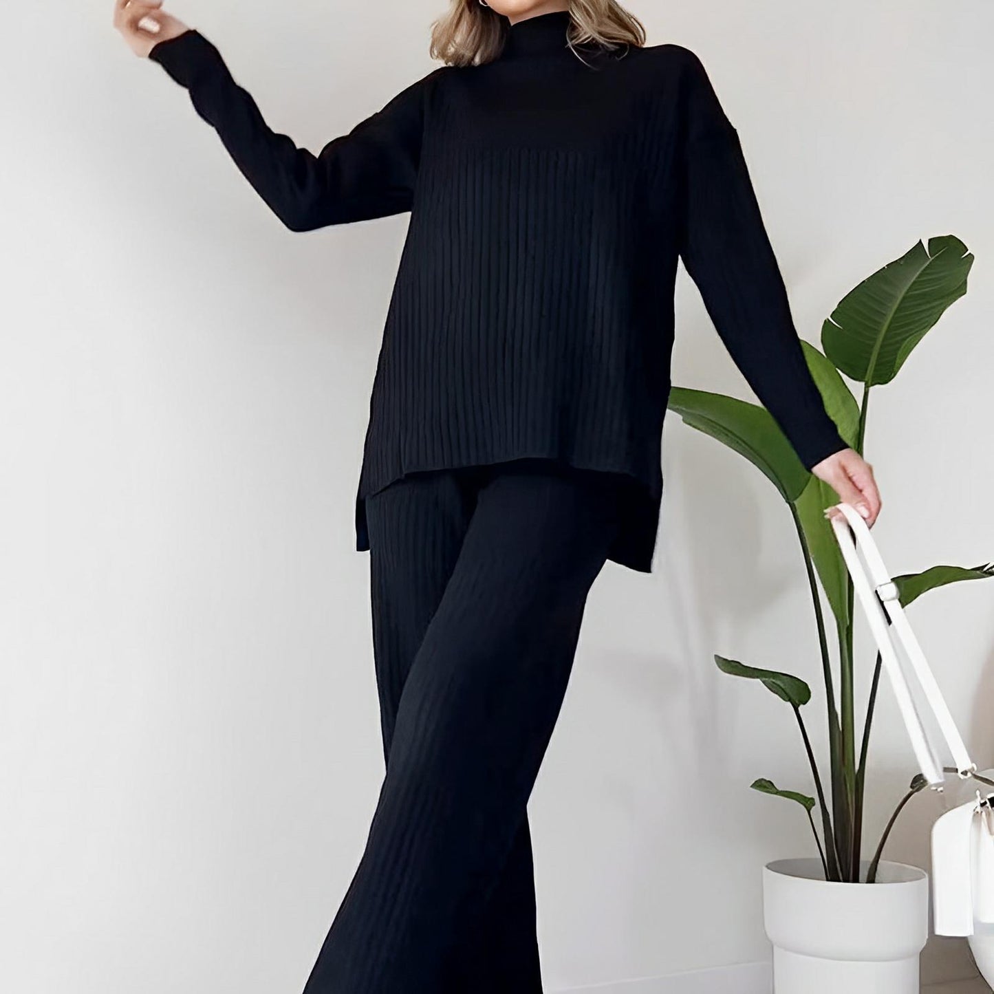 Split-Hem Turtleneck Knit Set