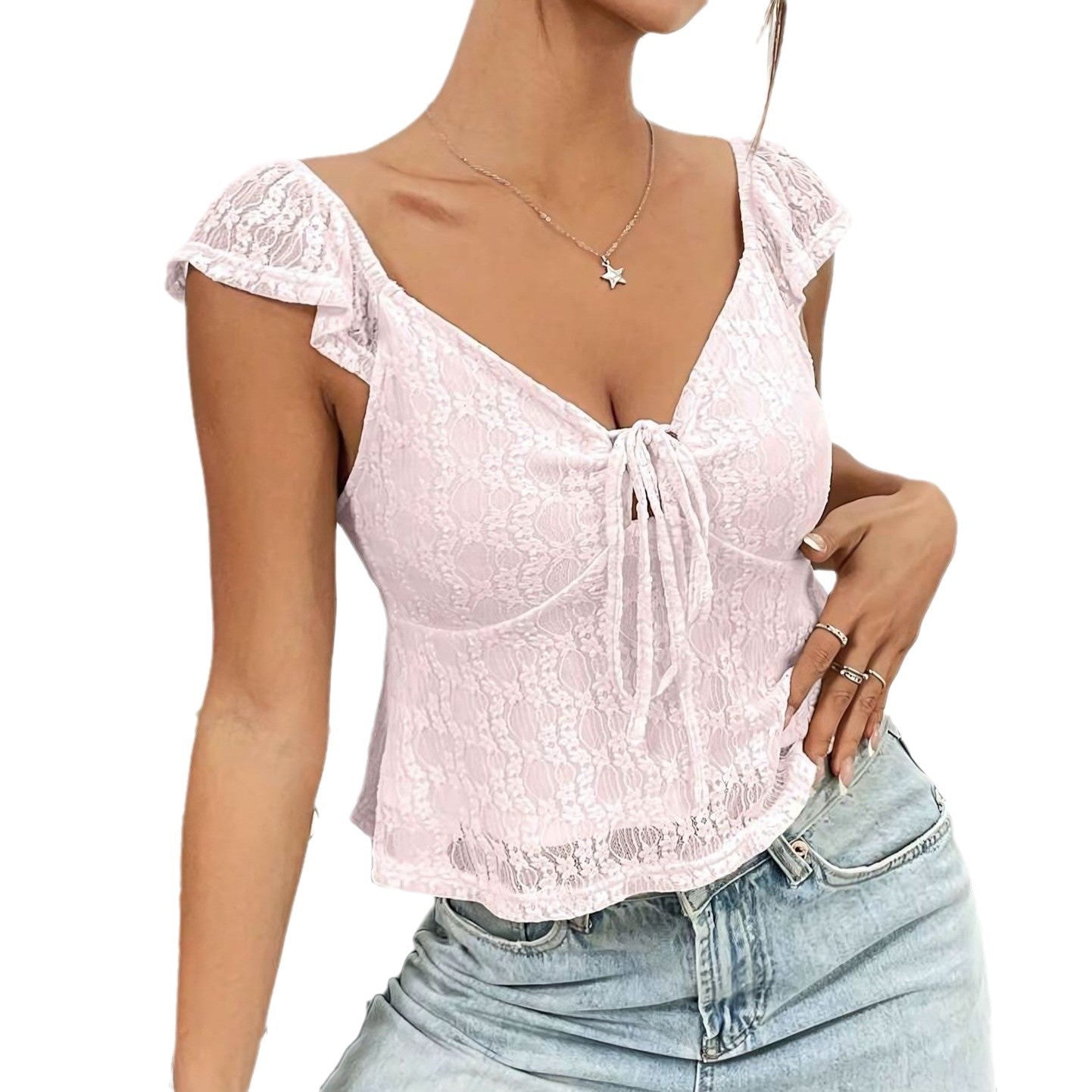 Casual Short Lace V-Neck Top – Chic Lace Band Design