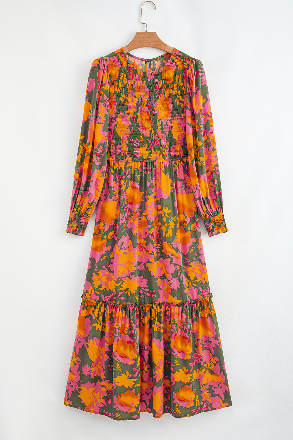 Orange Floral Puff Sleeve Smocked Bodice Ruffled Long Dress