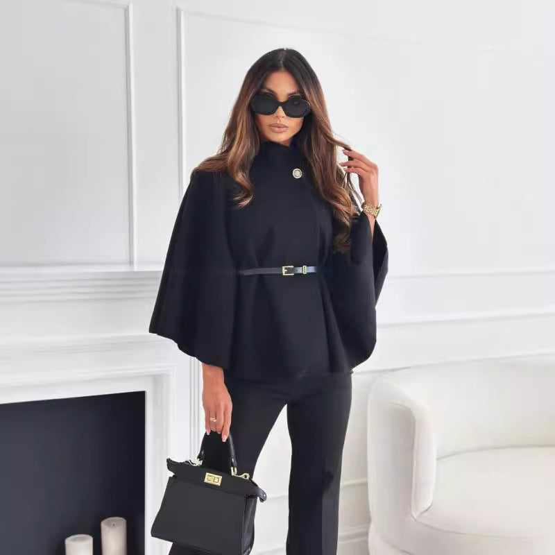 Stand Collar Batwing Sleeves Jacket with Belt