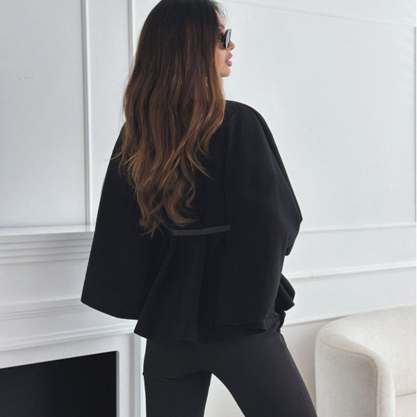 Stand Collar Batwing Sleeves Jacket with Belt