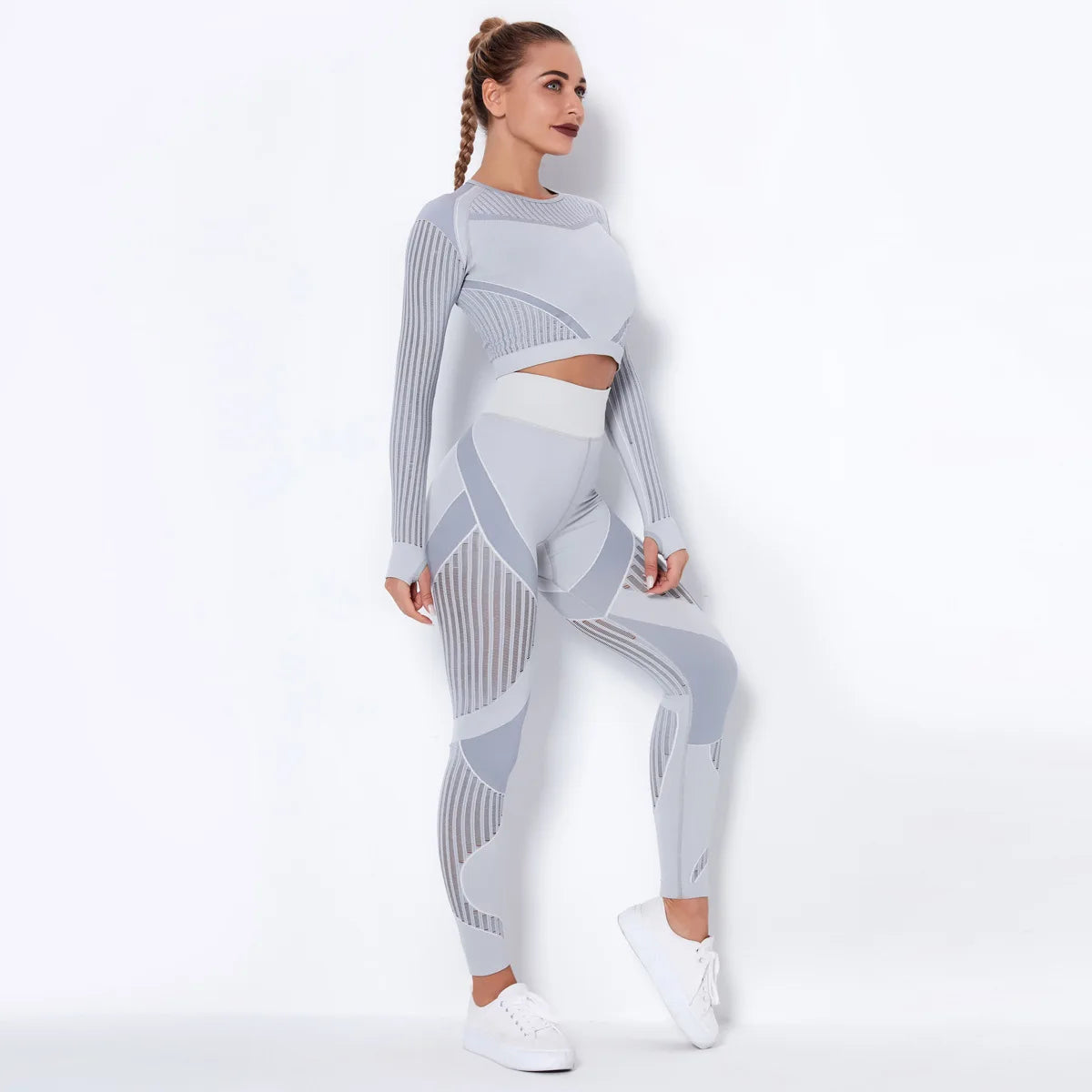 Seamless Gym Set – High-Waist Leggings & Long-Sleeve Workout Shirt