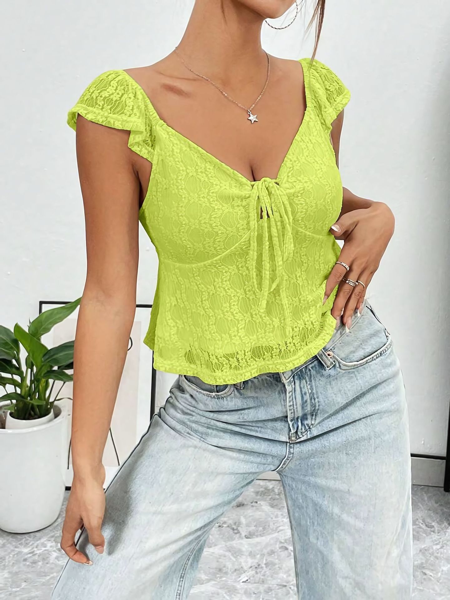 Casual Short Lace V-Neck Top – Chic Lace Band Design