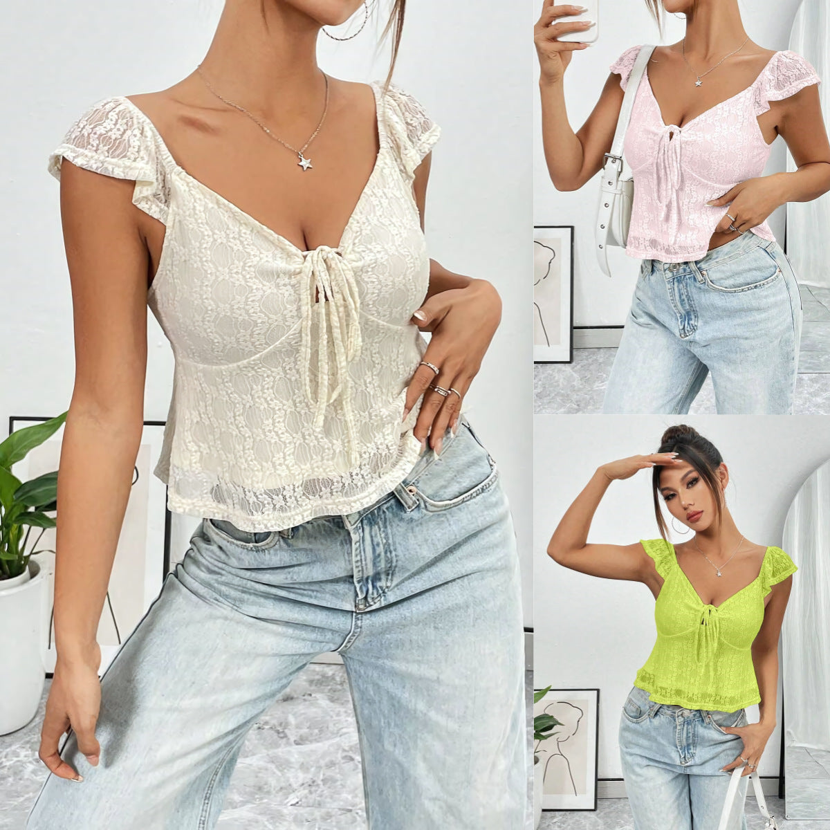 Casual Short Lace V-Neck Top – Chic Lace Band Design