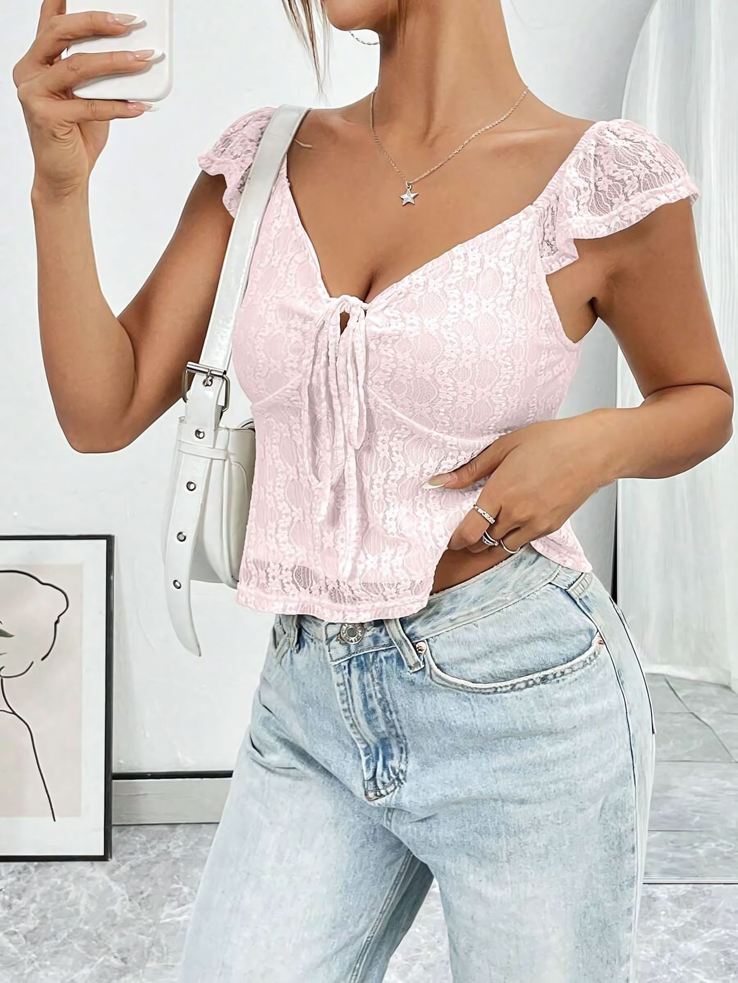 Casual Short Lace V-Neck Top – Chic Lace Band Design