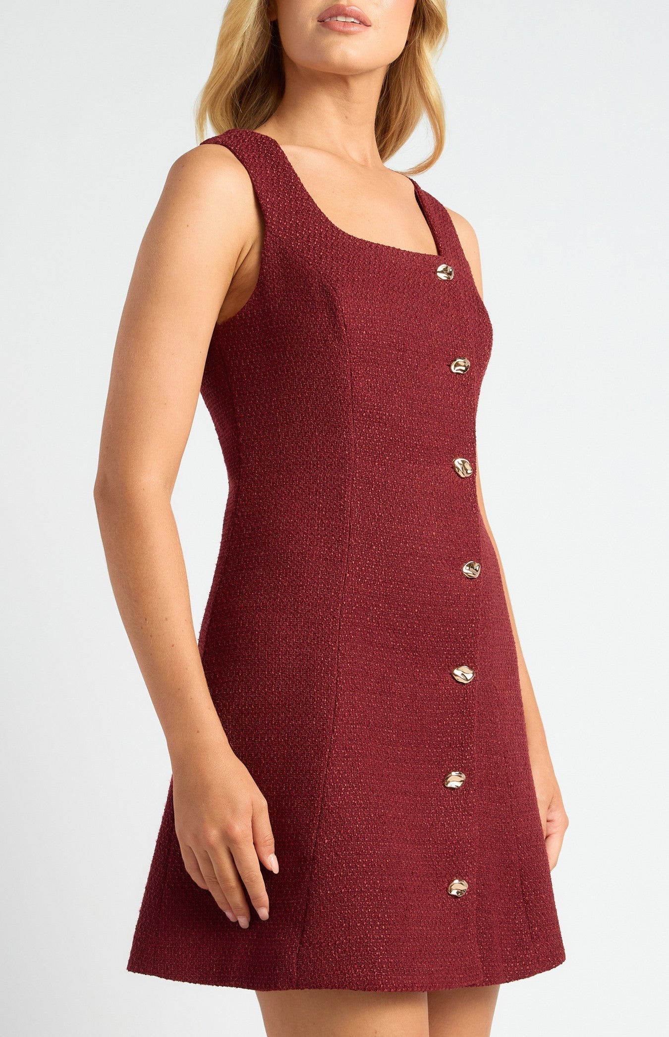 Tweed A-Line Mini Dress with Embossed Gold Buttons