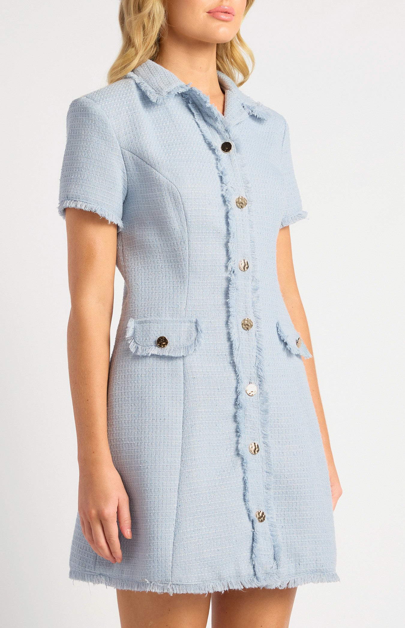 Gold Button Feature Fray Detail Collared Tweed Dress