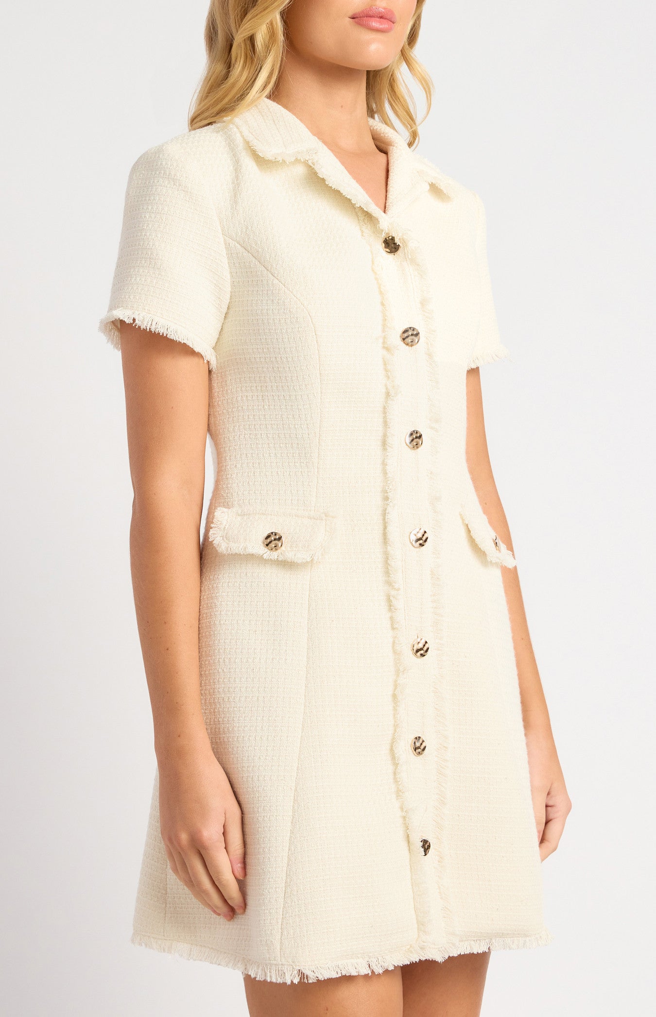 Gold Button Feature Fray Detail Collared Tweed Dress