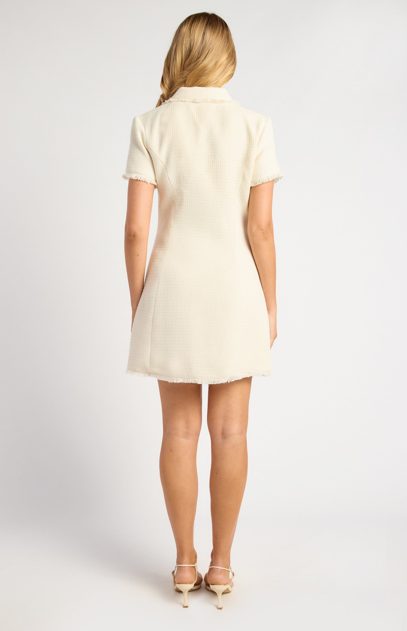 Gold Button Feature Fray Detail Collared Tweed Dress