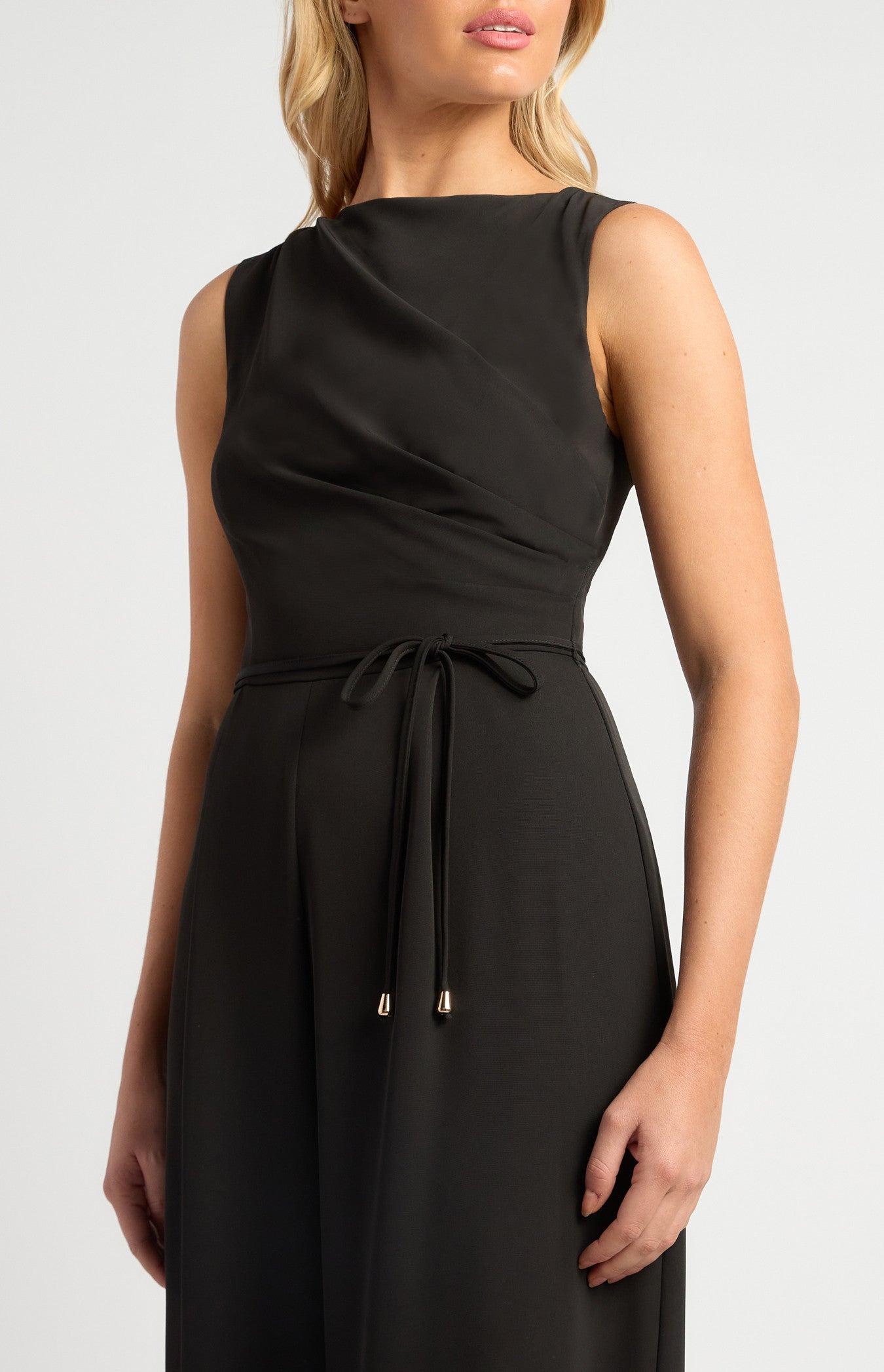 Pleated Detail Jumpsuit with Gold Toggle Belt