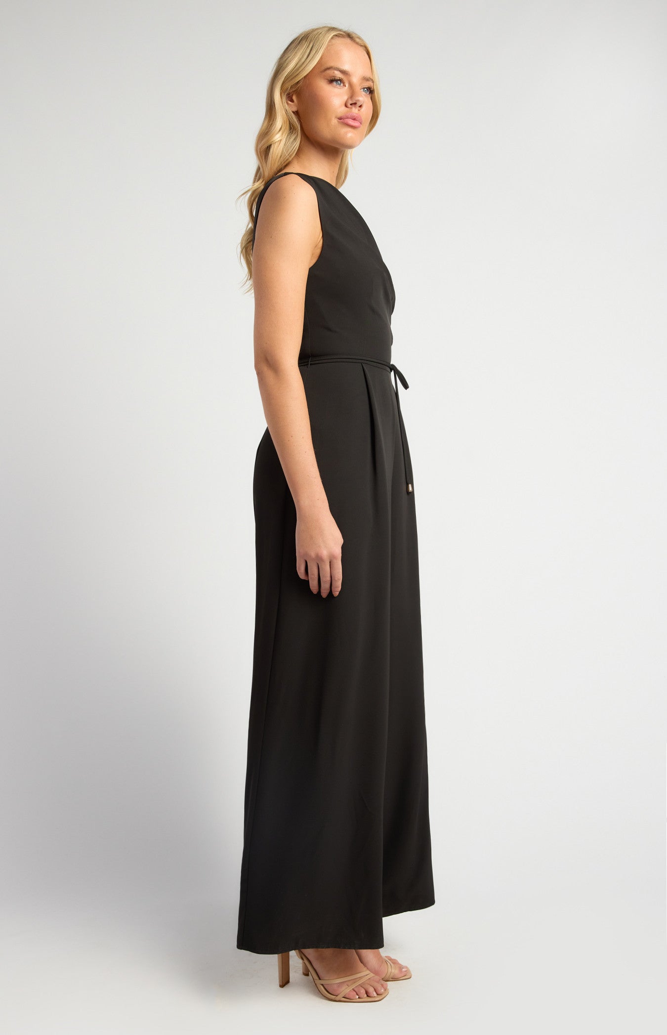 Pleated Detail Jumpsuit with Gold Toggle Belt