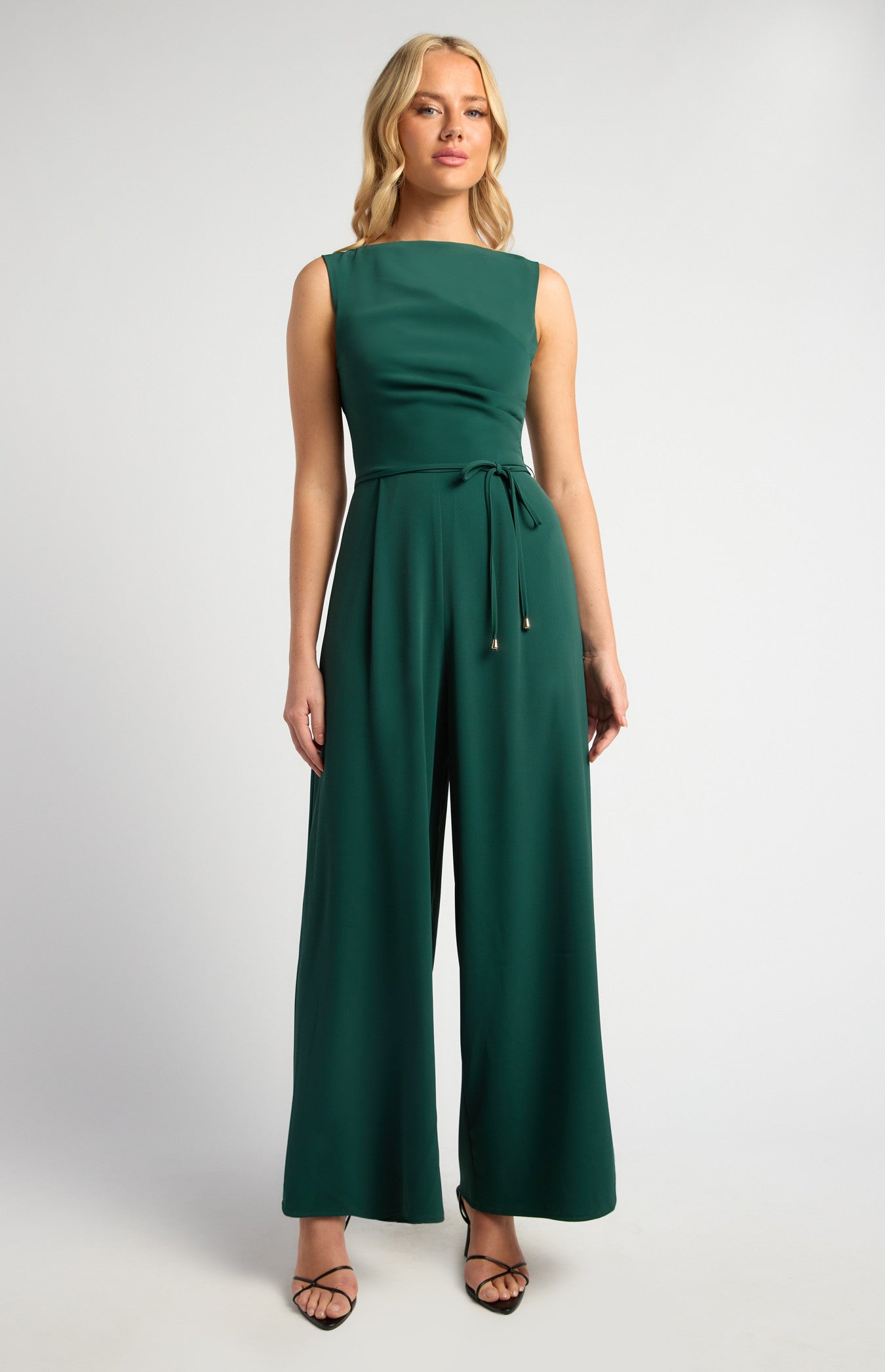 Pleated Detail Jumpsuit with Gold Toggle Belt
