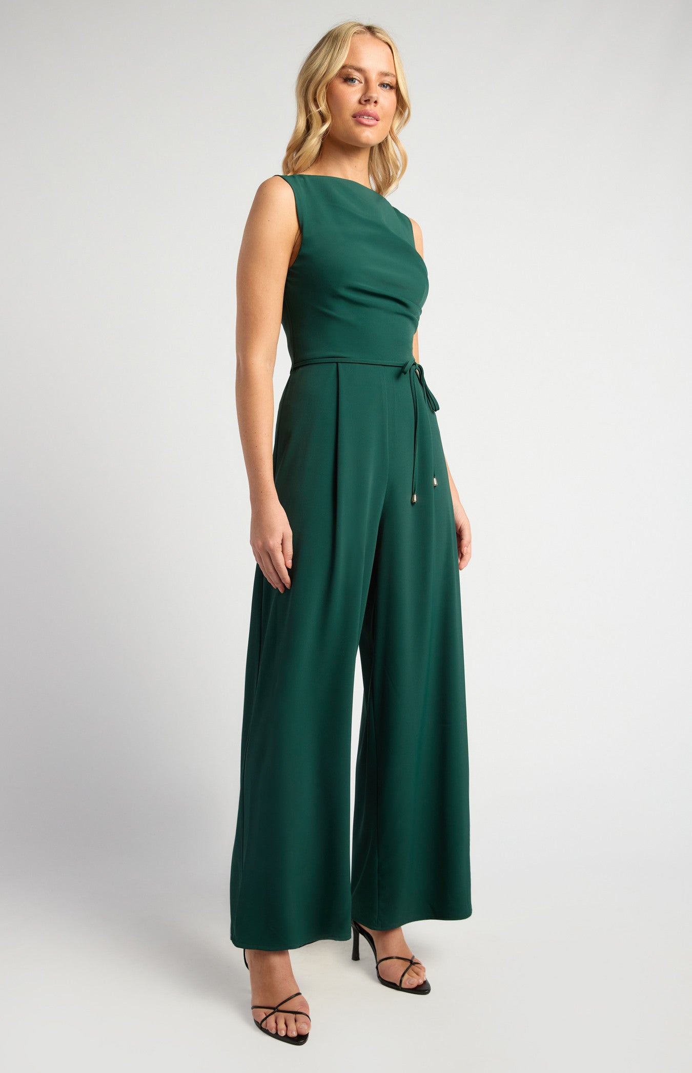Pleated Detail Jumpsuit with Gold Toggle Belt