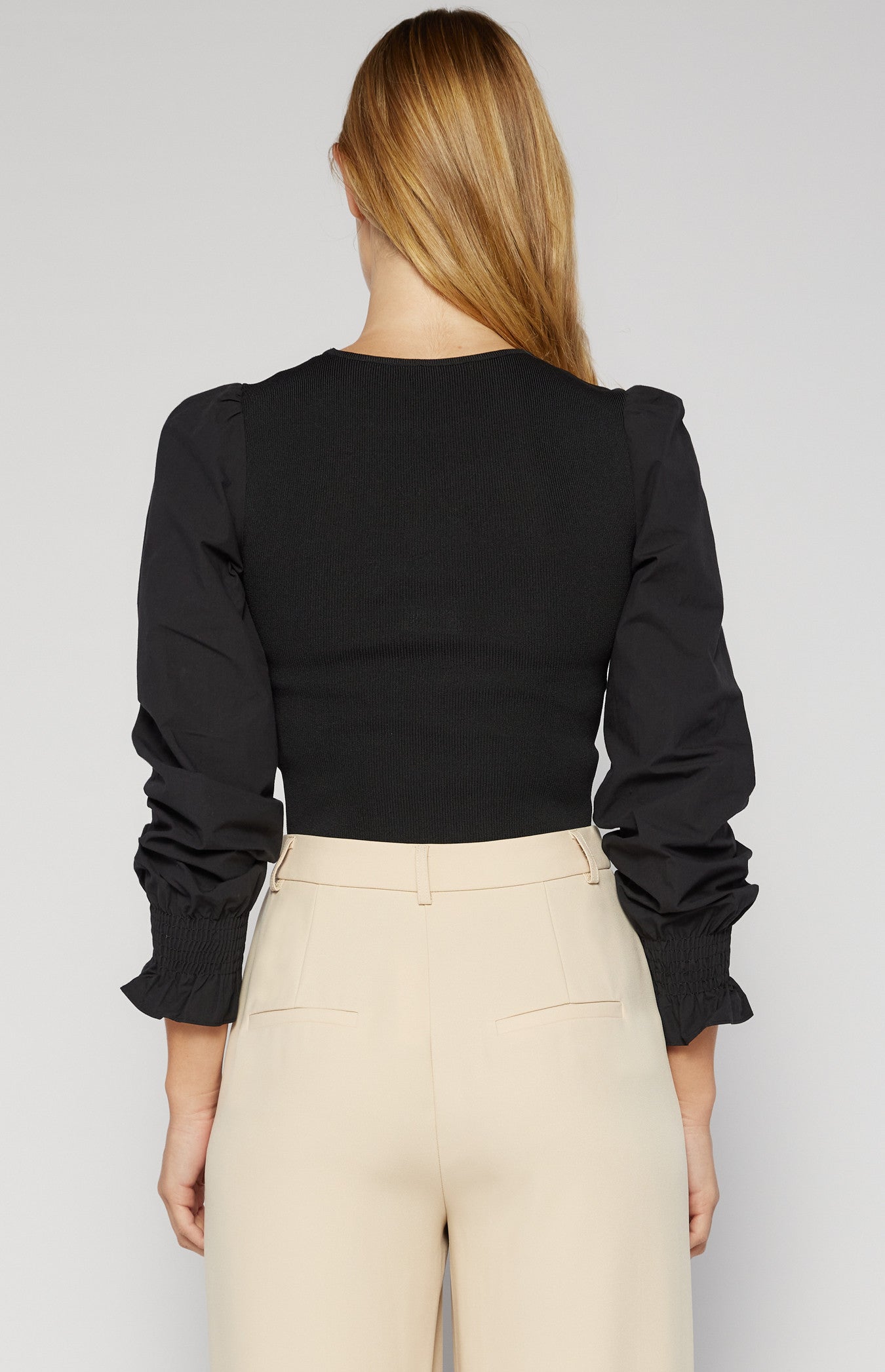 Knit Top with Contrast Woven Sleeves