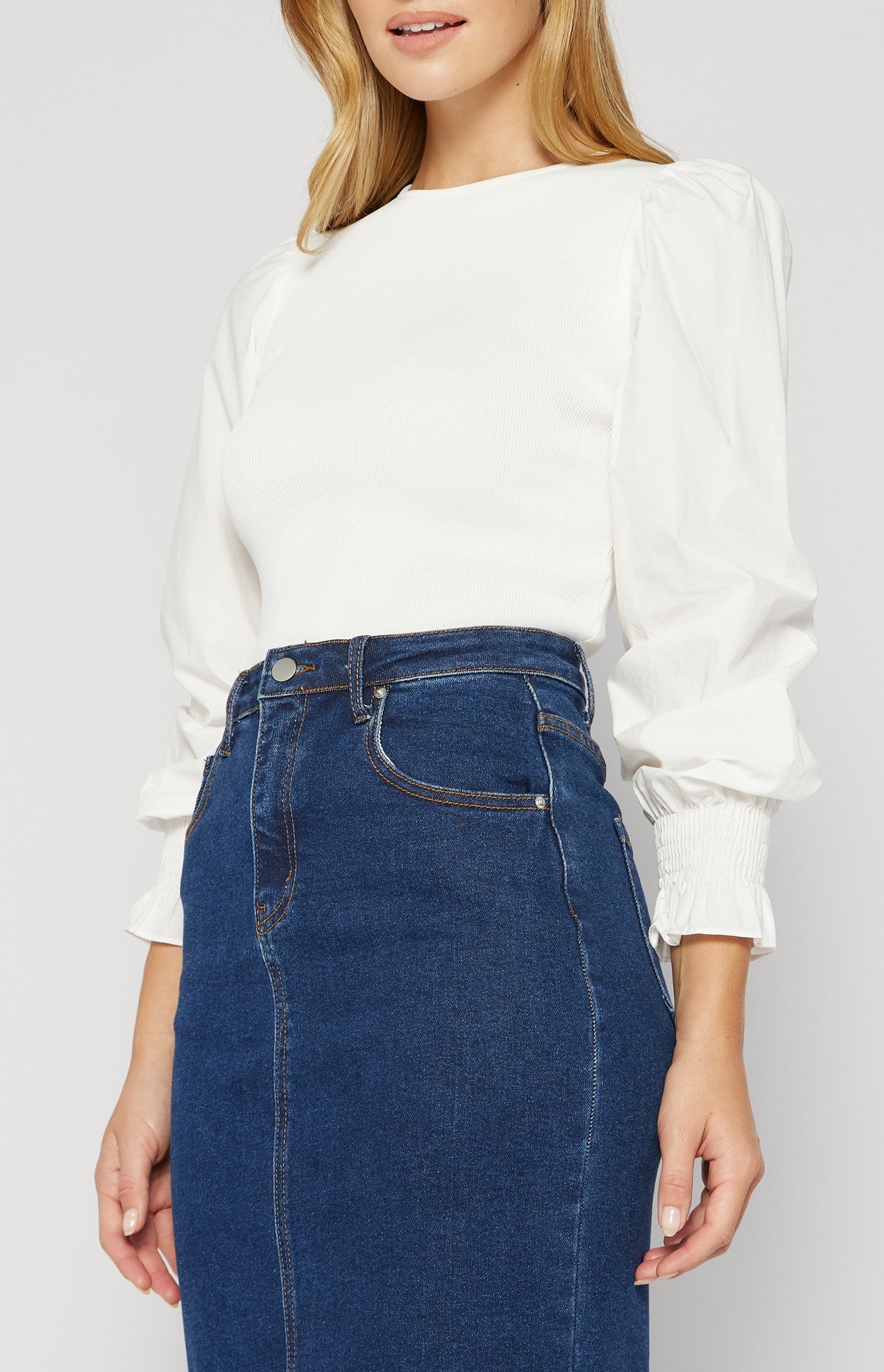 Knit Top with Contrast Woven Sleeves