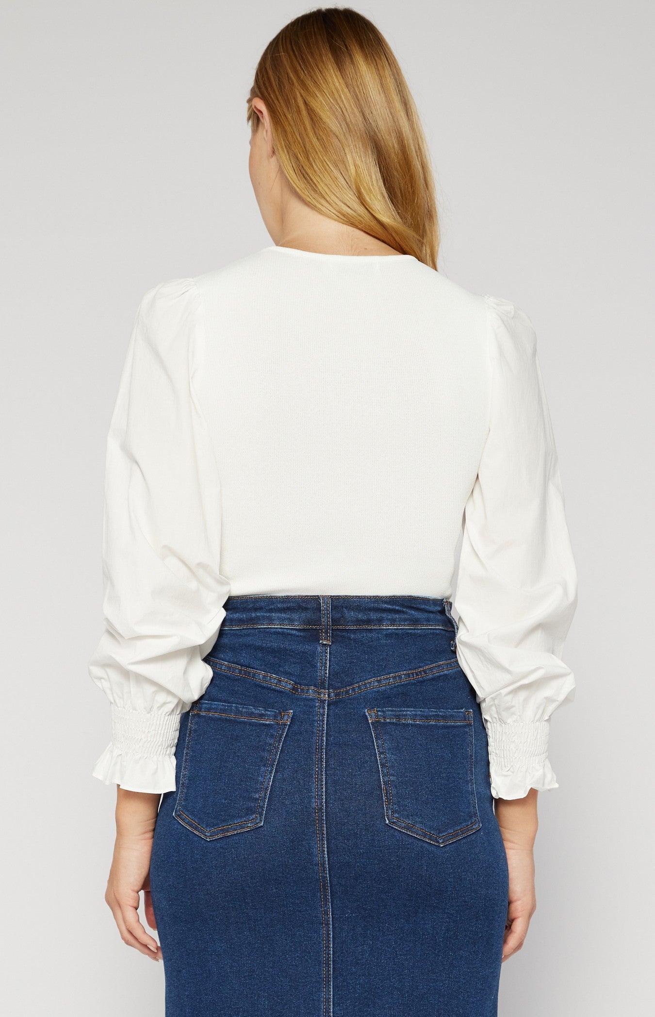 Knit Top with Contrast Woven Sleeves