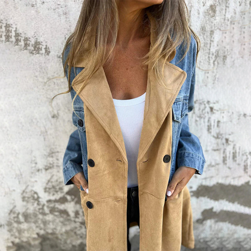 Denim-Stitched Mid-Length Trench Coat – Stylish & Versatile