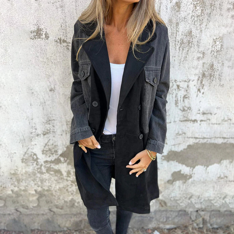 Denim-Stitched Mid-Length Trench Coat – Stylish & Versatile