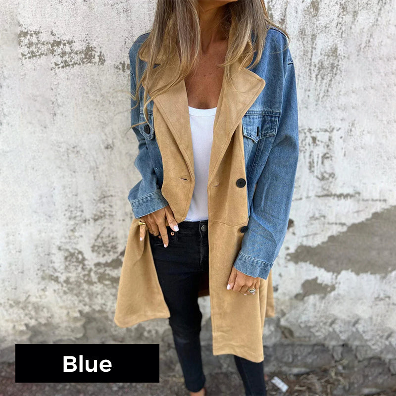 Denim-Stitched Mid-Length Trench Coat – Stylish & Versatile