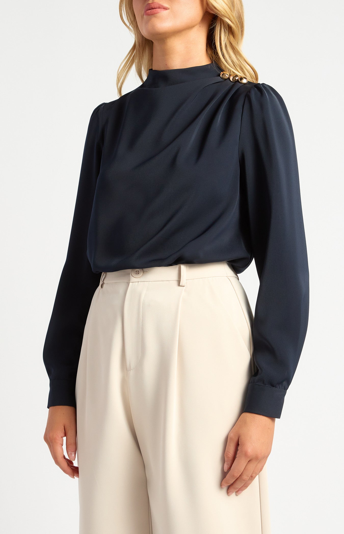 Draped Pleated Neckline with Gold Button Detail Blouse