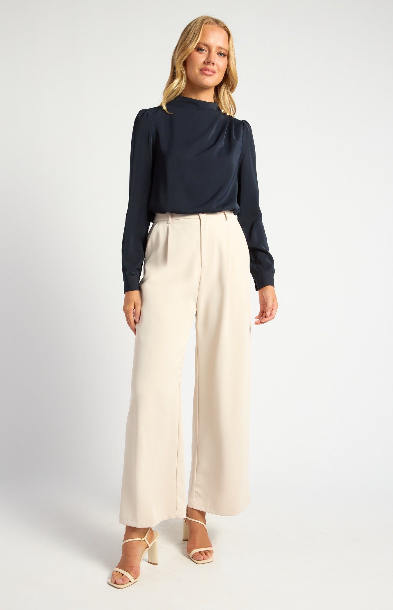 Draped Pleated Neckline with Gold Button Detail Blouse
