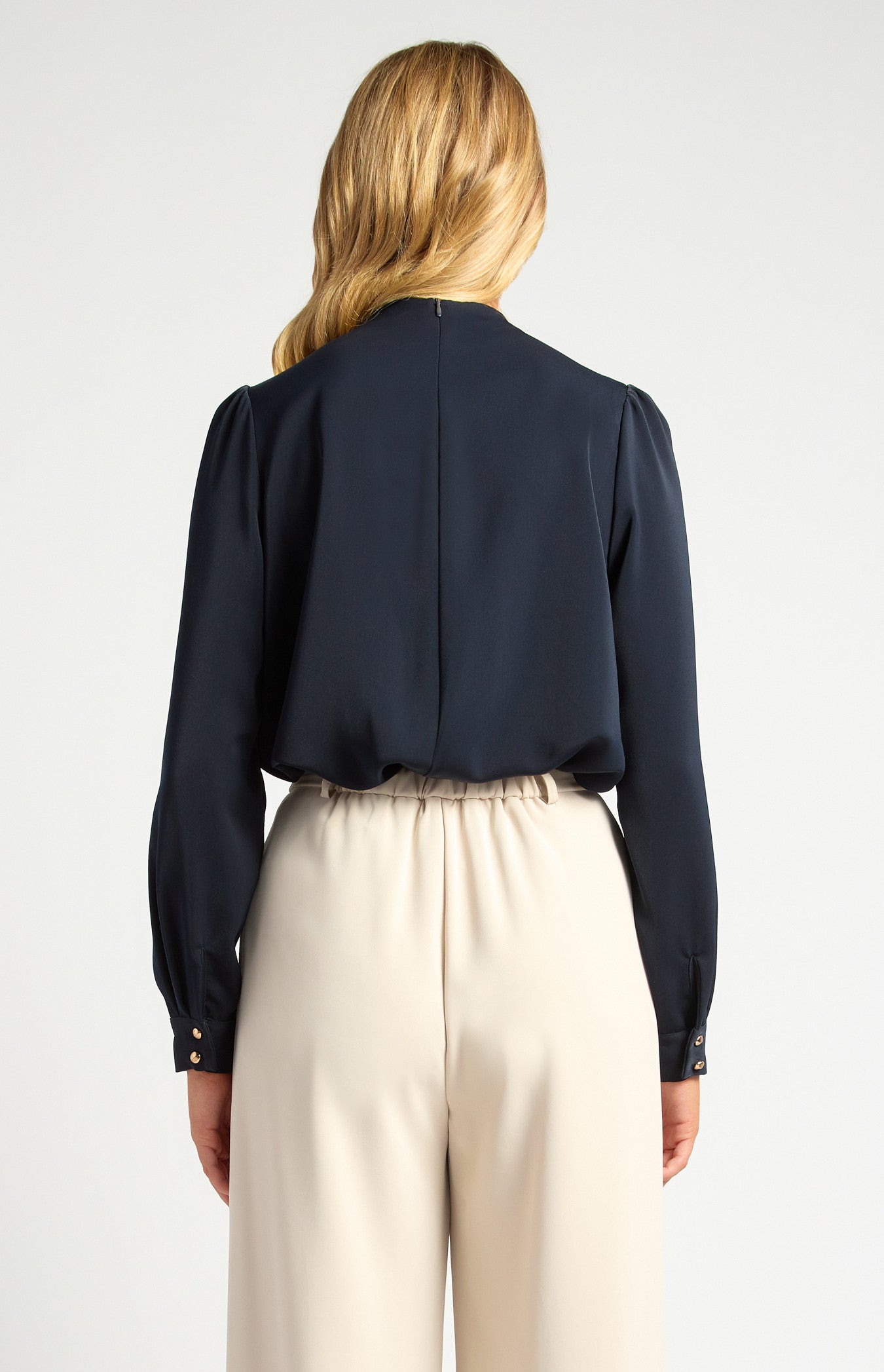Draped Pleated Neckline with Gold Button Detail Blouse