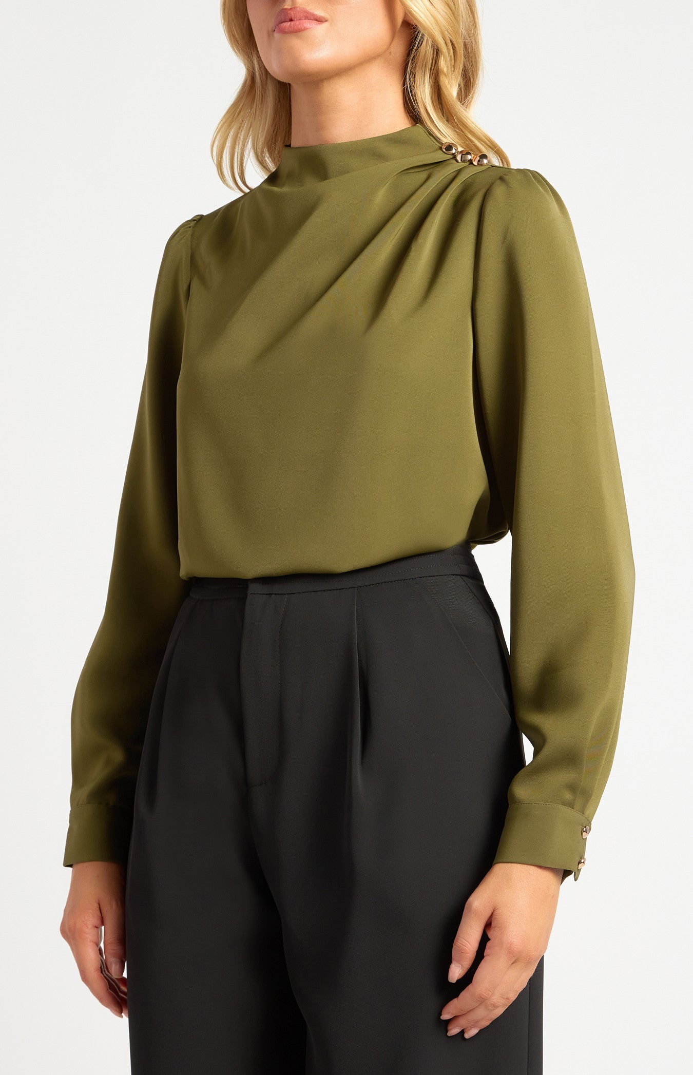 Draped Pleated Neckline with Gold Button Detail Blouse