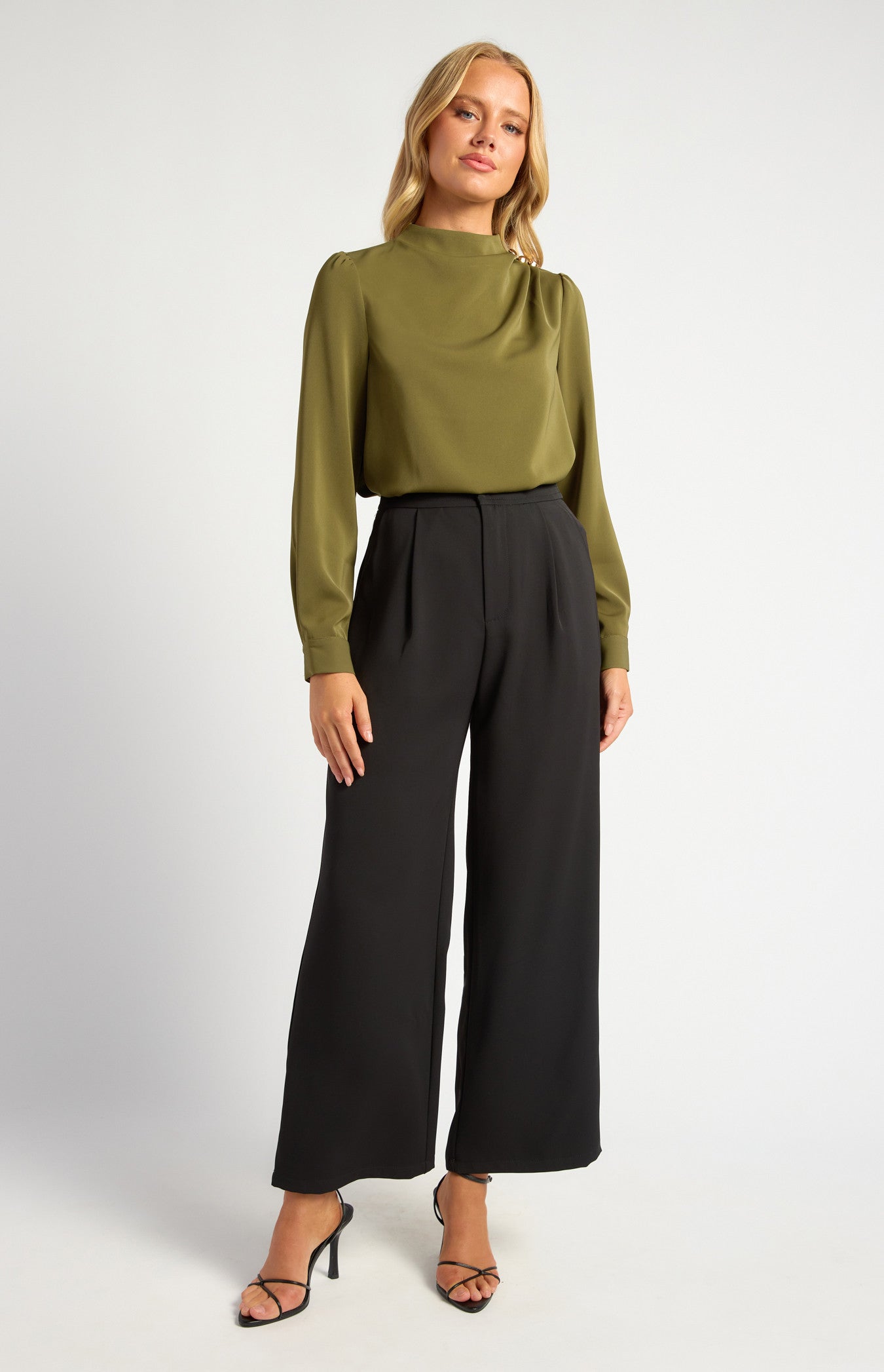 Draped Pleated Neckline with Gold Button Detail Blouse