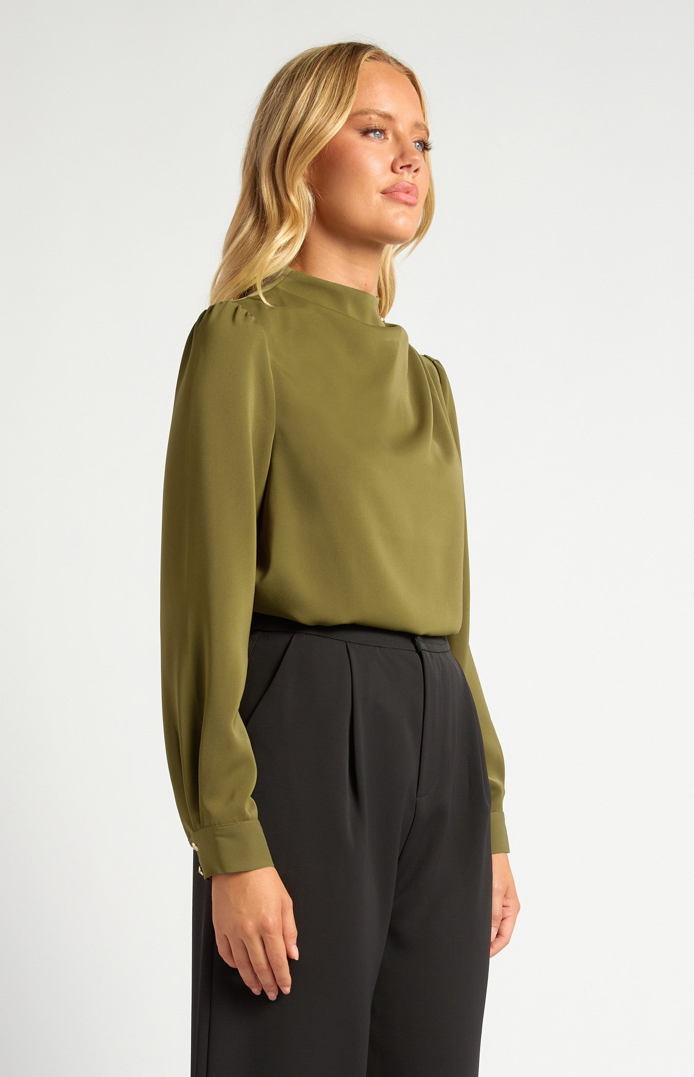Draped Pleated Neckline with Gold Button Detail Blouse