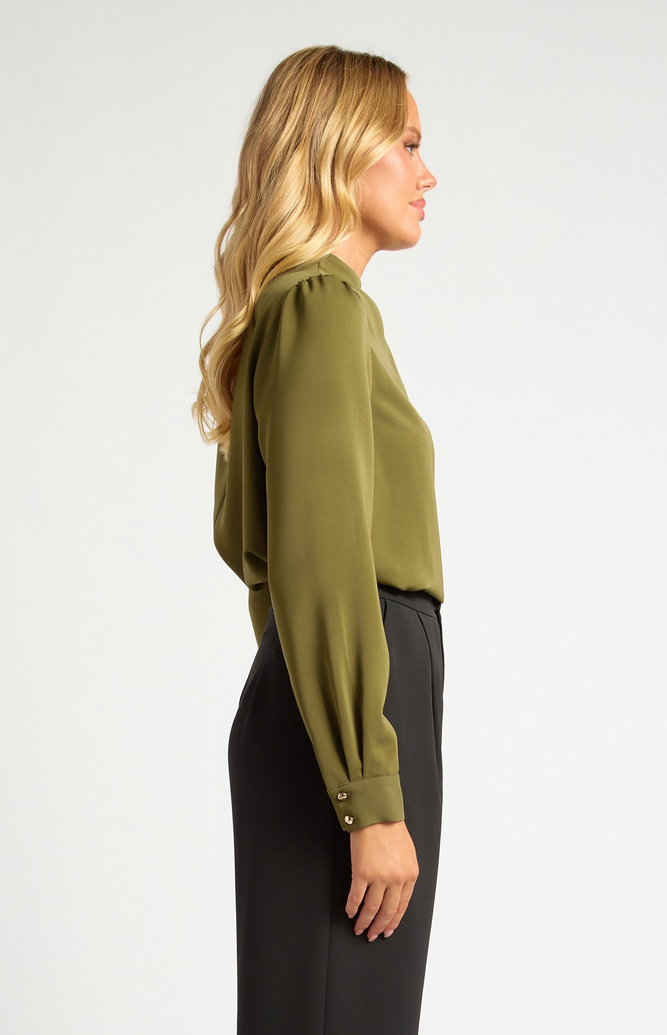 Draped Pleated Neckline with Gold Button Detail Blouse