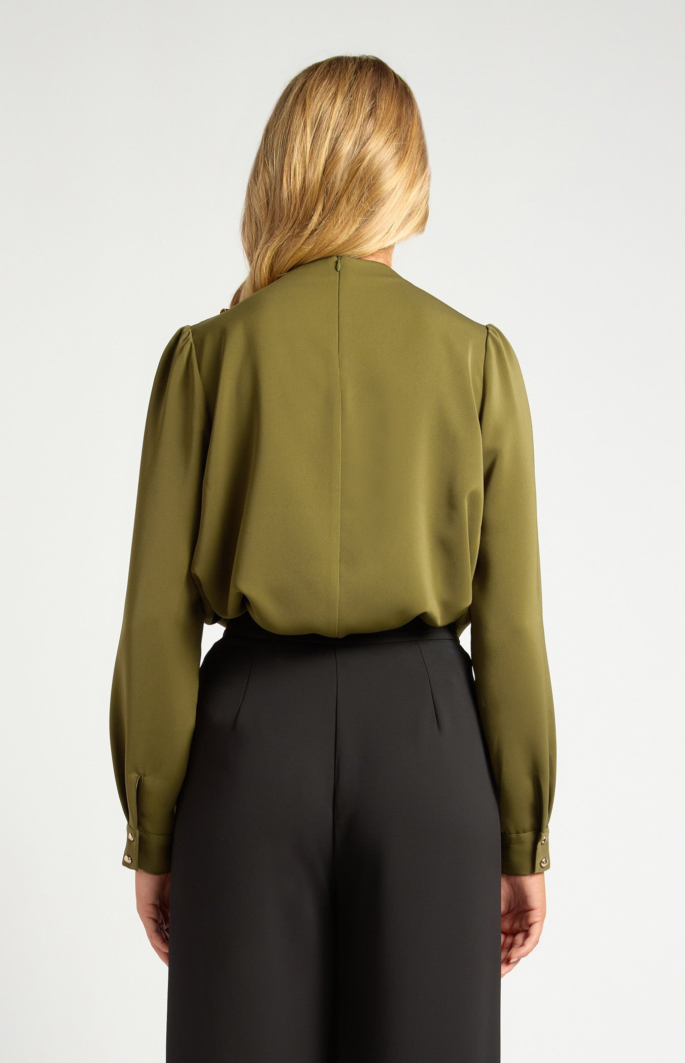 Draped Pleated Neckline with Gold Button Detail Blouse