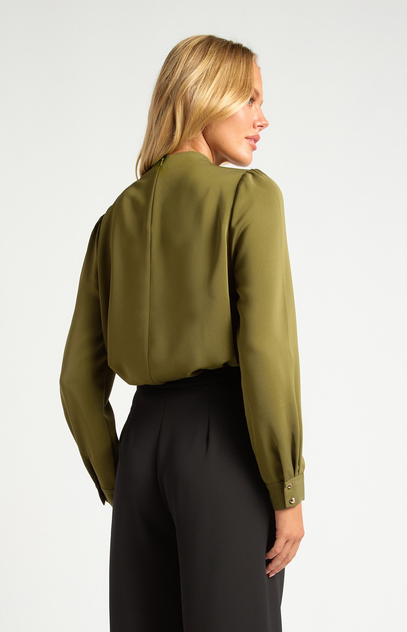 Draped Pleated Neckline with Gold Button Detail Blouse
