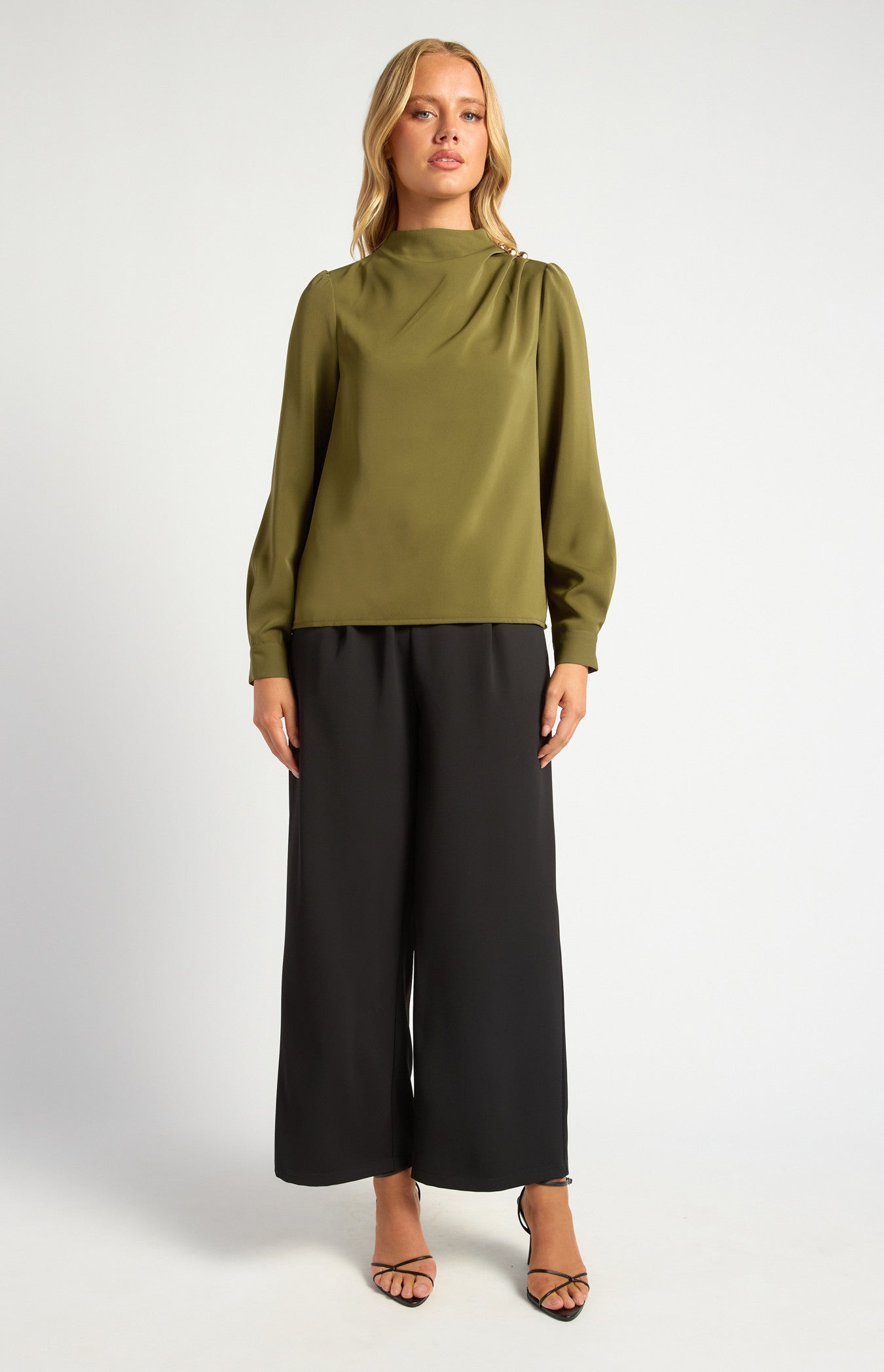Draped Pleated Neckline with Gold Button Detail Blouse
