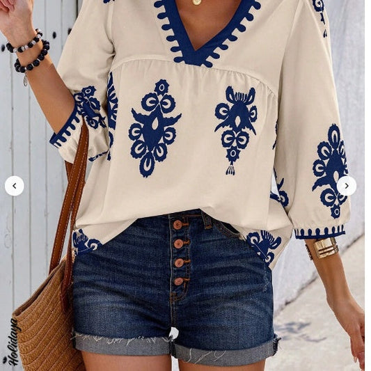 Holiday Random Print V-Neck Vacation Shirt