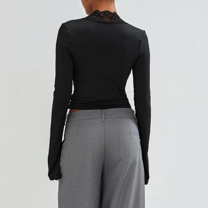 Slim V-Neck Lace Top – Trendy Trumpet Long-Sleeved