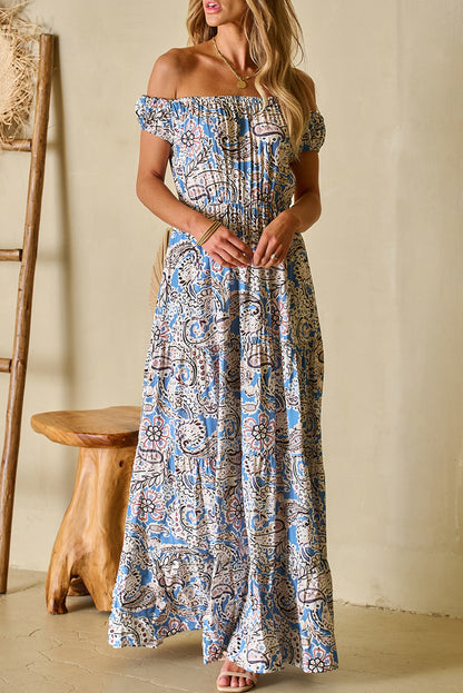 Blue Paisley Print Off-Shoulder Boho Dress
