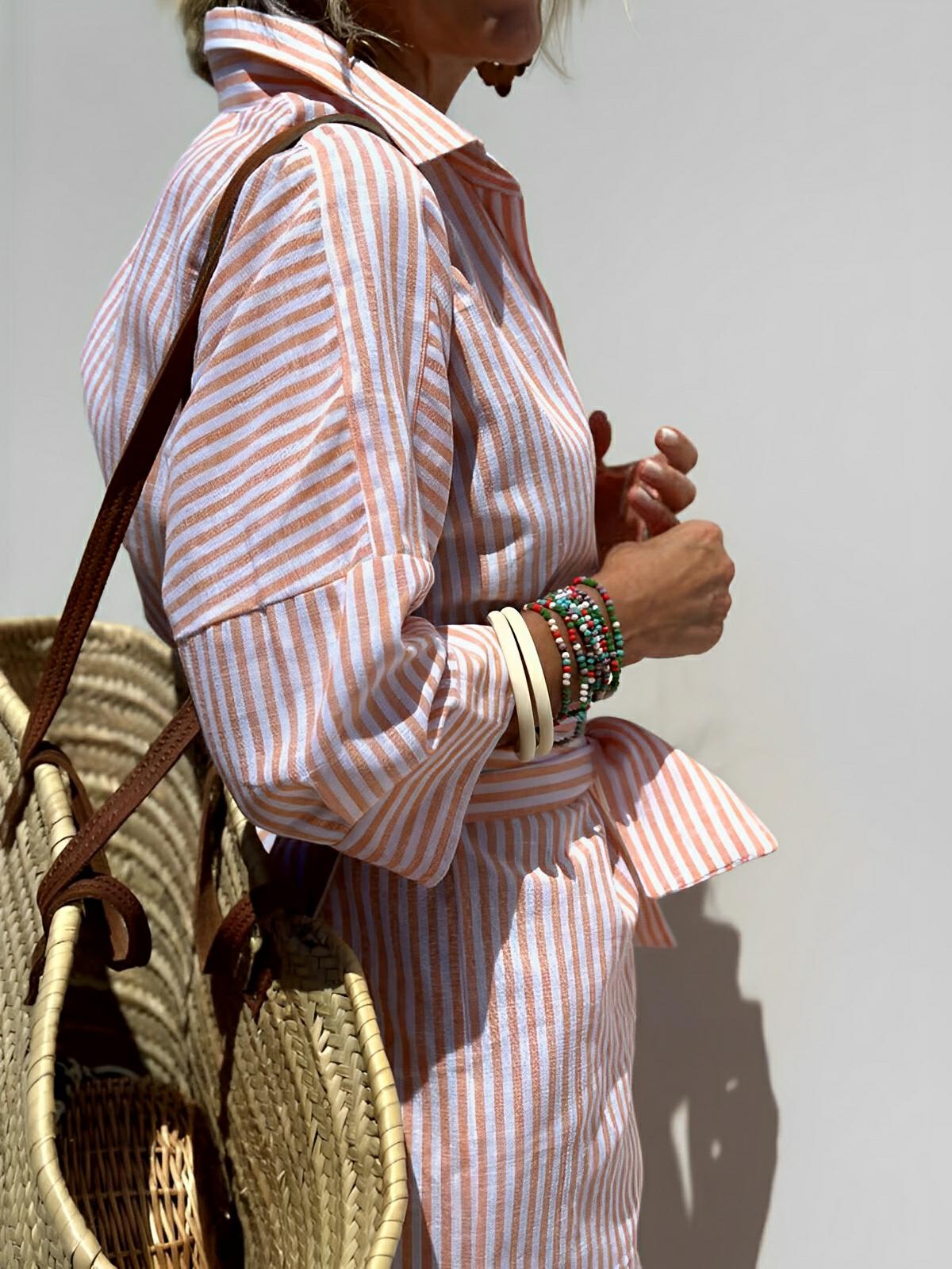 Lace-Up Striped Shirt Dress – Effortless Elegance