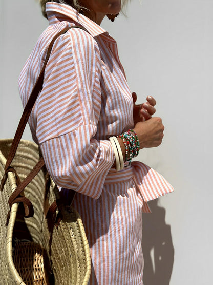 Lace-Up Striped Shirt Dress – Effortless Elegance