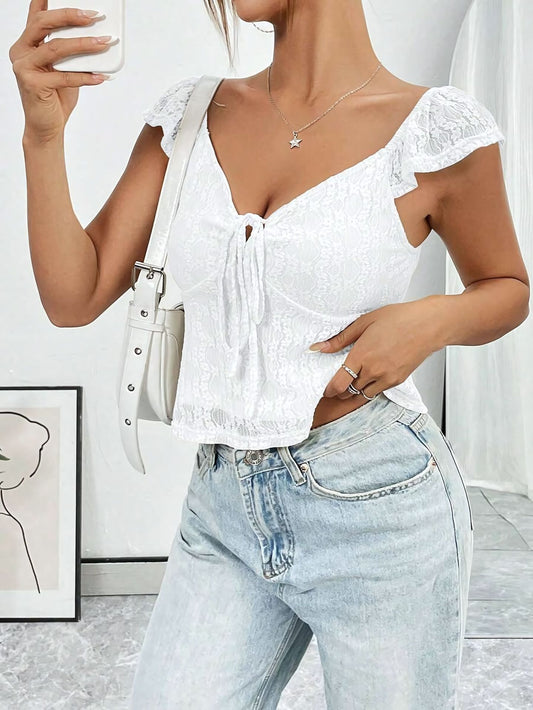 Casual Short Lace V-Neck Top – Chic Lace Band Design
