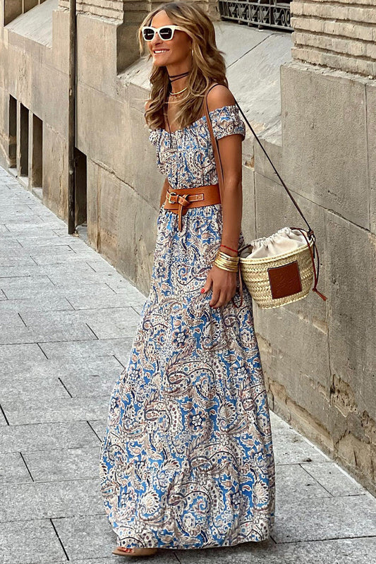 Blue Paisley Print Off-Shoulder Boho Dress