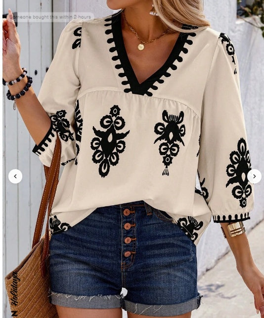 Holiday Random Print V-Neck Vacation Shirt