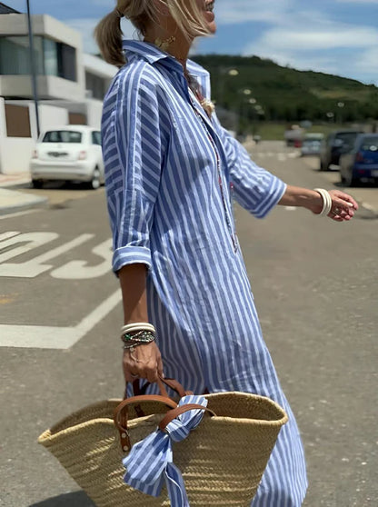 Lace-Up Striped Shirt Dress – Effortless Elegance
