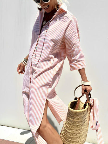 Lace-Up Striped Shirt Dress – Effortless Elegance