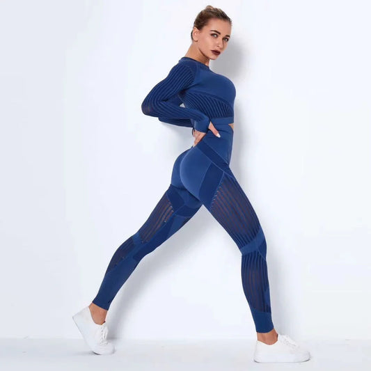Seamless Gym Set – High-Waist Leggings & Long-Sleeve Workout Shirt