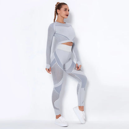 Seamless Gym Set – High-Waist Leggings & Long-Sleeve Workout Shirt