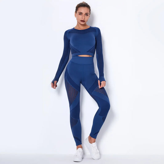 Seamless Gym Set – High-Waist Leggings & Long-Sleeve Workout Shirt