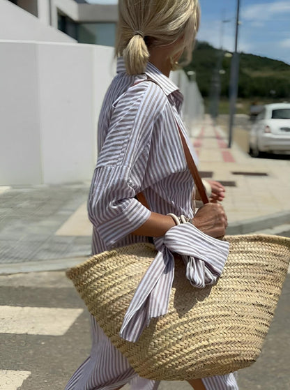 Lace-Up Striped Shirt Dress – Effortless Elegance