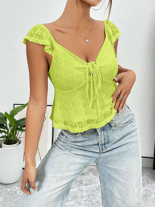 Casual Short Lace V-Neck Top – Chic Lace Band Design