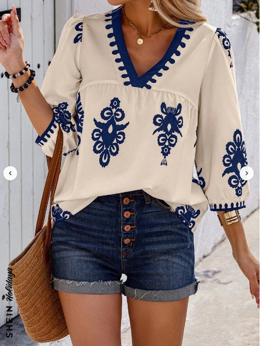 Holiday Random Print V-Neck Vacation Shirt