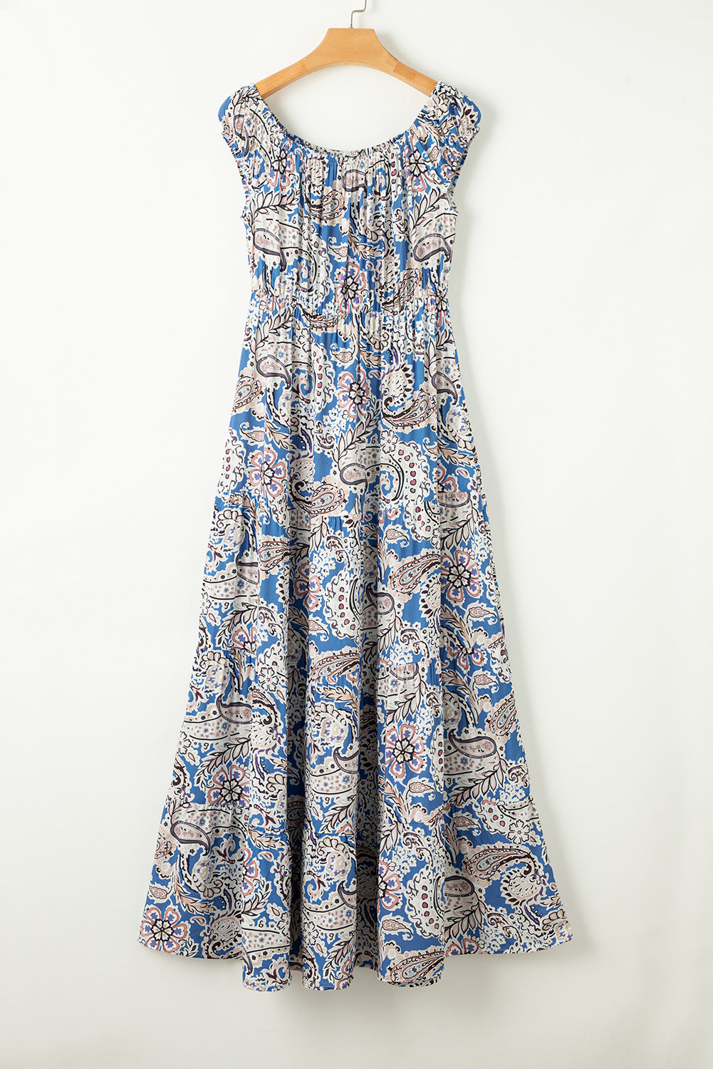 Blue Paisley Print Off-Shoulder Boho Dress